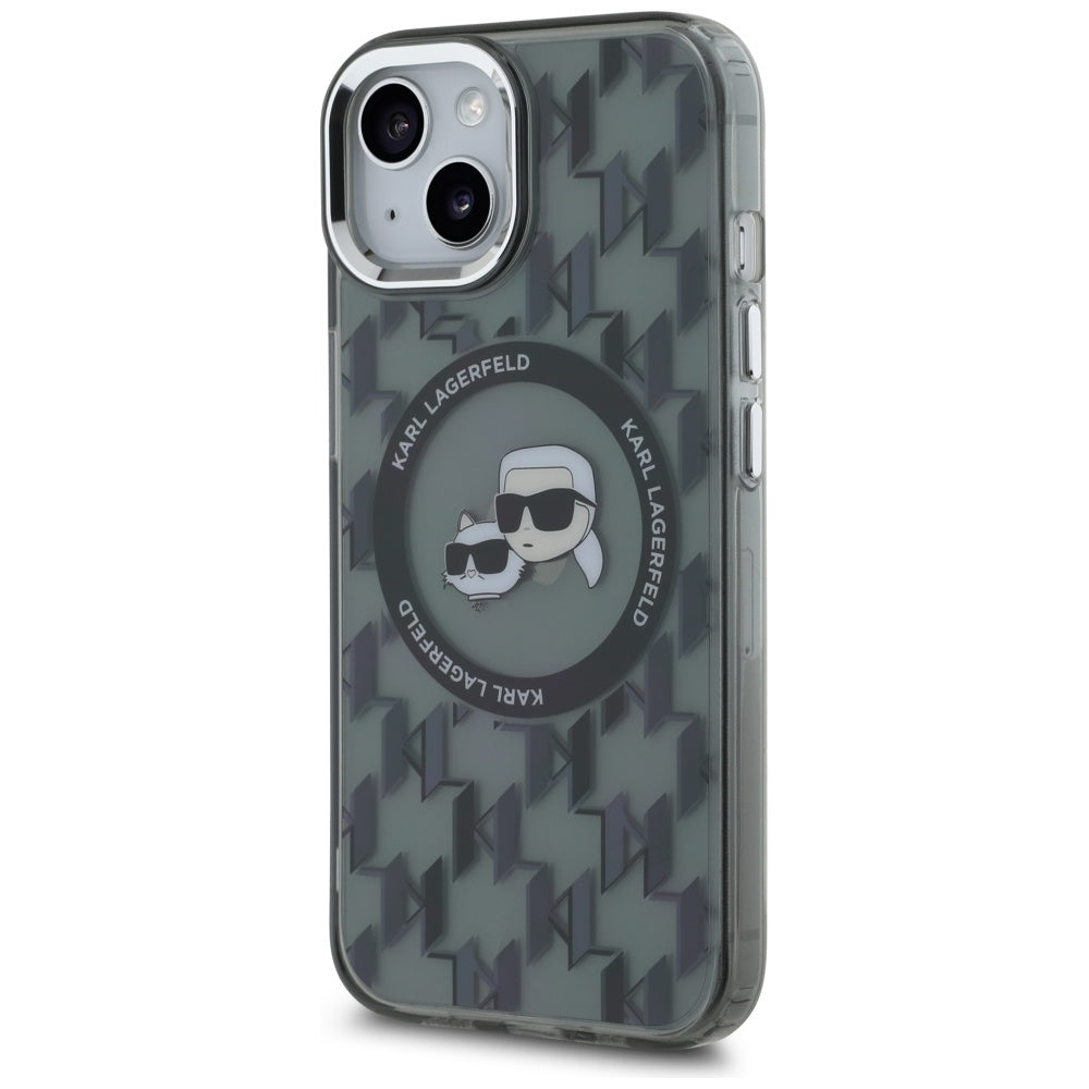 Funda MagSafe para Apple iPhone 15, Karl Lagerfeld, IML Monogram Karl & Choupette's Heads, Negra.