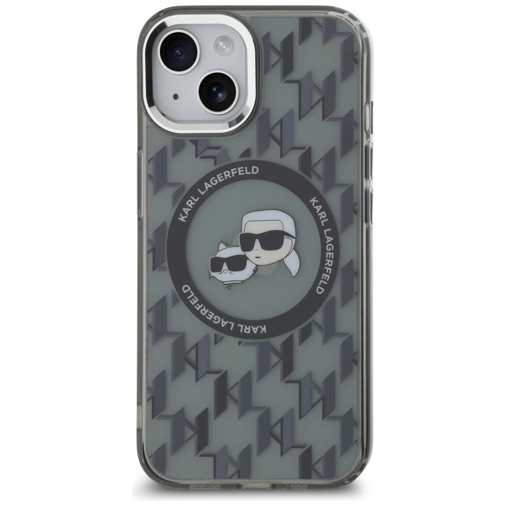 Funda MagSafe para Apple iPhone 15, Karl Lagerfeld, IML Monogram Karl & Choupette's Heads, Negra.