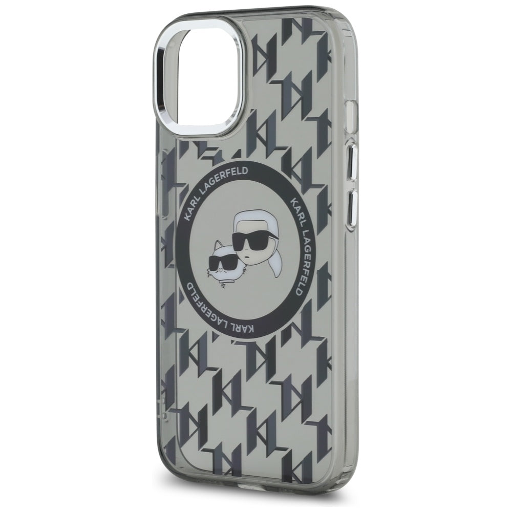 Funda MagSafe para Apple iPhone 15, Karl Lagerfeld, IML Monogram Karl & Choupette's Heads, Negra.