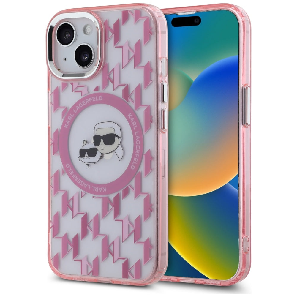 Funda MagSafe para Apple iPhone 15, Karl Lagerfeld, IML Monograma Karl & Choupette's Heads, Rosa