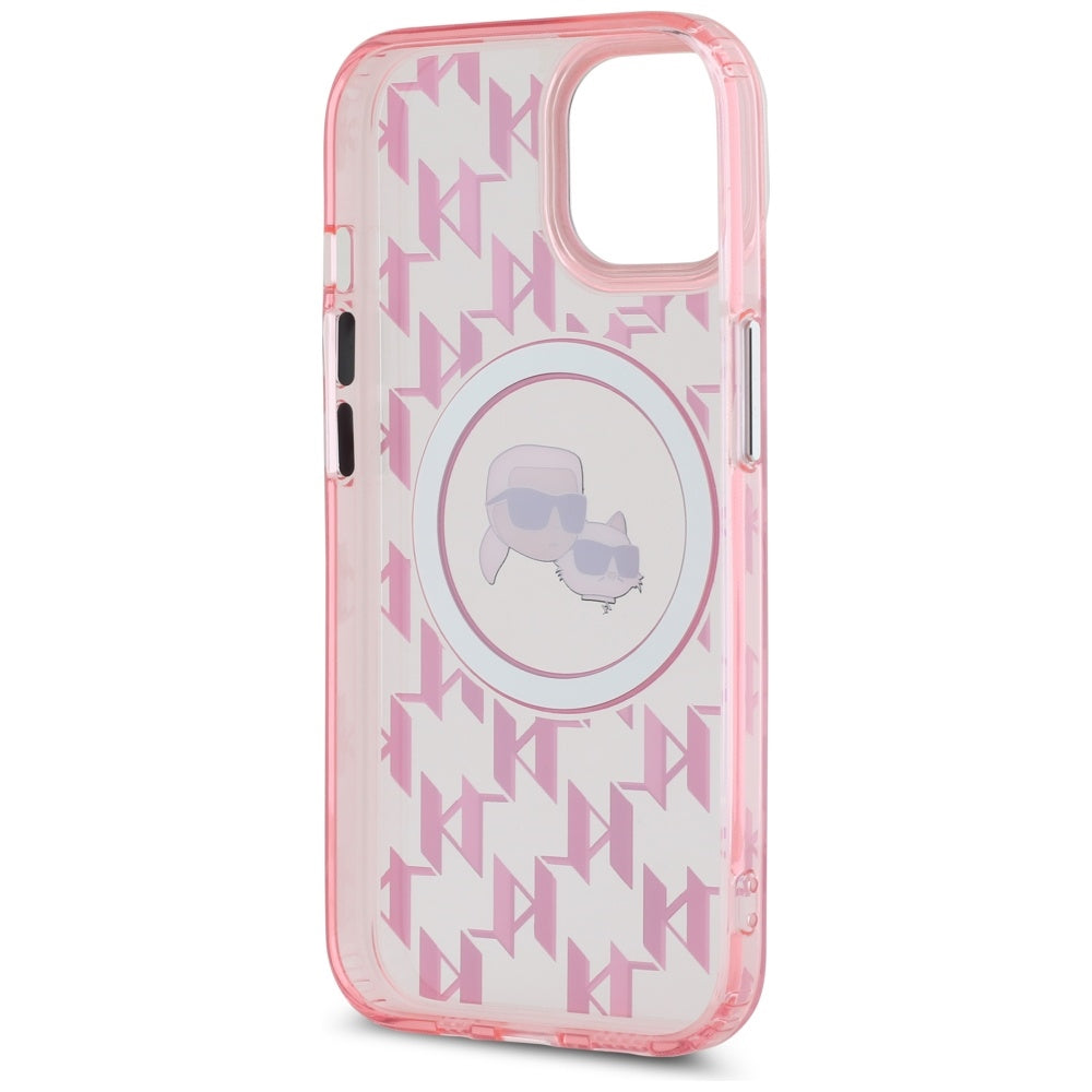 Funda MagSafe para Apple iPhone 15, Karl Lagerfeld, IML Monograma Karl & Choupette's Heads, Rosa