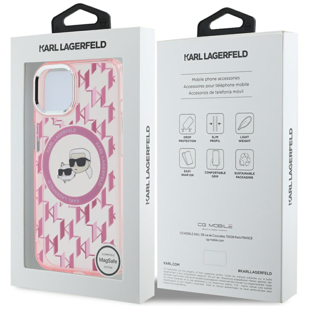 Funda MagSafe para Apple iPhone 15, Karl Lagerfeld, IML Monograma Karl & Choupette's Heads, Rosa