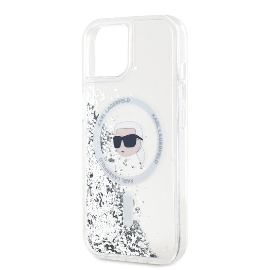 Funda MagSafe para Apple iPhone 15, Karl Lagerfeld, Liquid Glitter Karl's Head, Transparente
