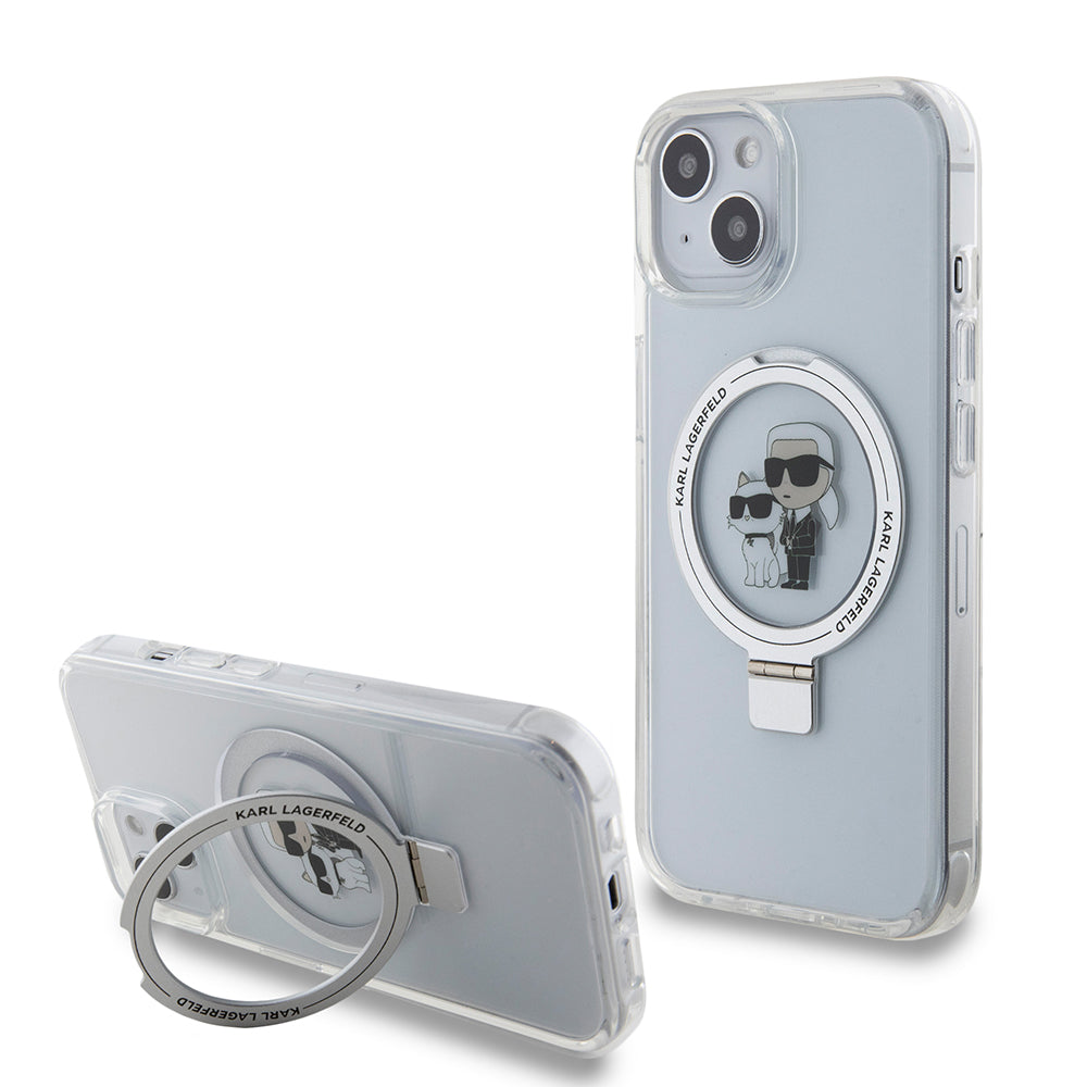 Funda MagSafe para Apple iPhone 15, Karl Lagerfeld, Ring Stand Karl & Choupette, Blanca