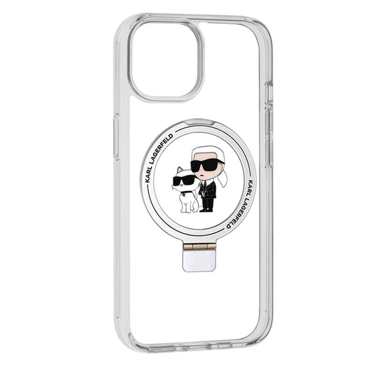 Funda MagSafe para Apple iPhone 15, Karl Lagerfeld, Ring Stand Karl & Choupette, Blanca