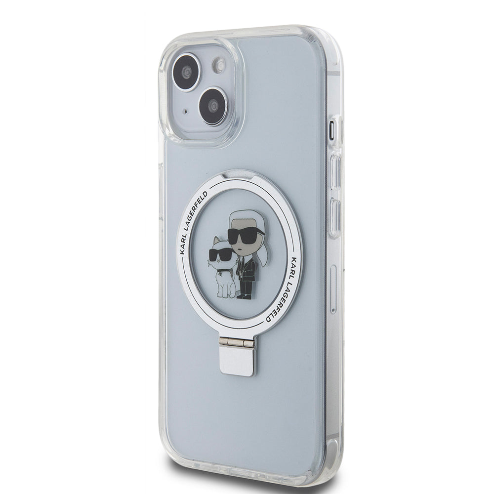 Funda MagSafe para Apple iPhone 15, Karl Lagerfeld, Ring Stand Karl & Choupette, Blanca