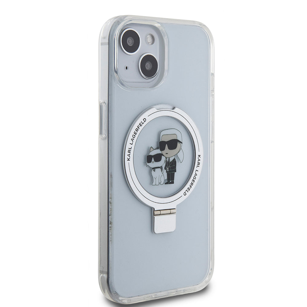 Funda MagSafe para Apple iPhone 15, Karl Lagerfeld, Ring Stand Karl & Choupette, Blanca