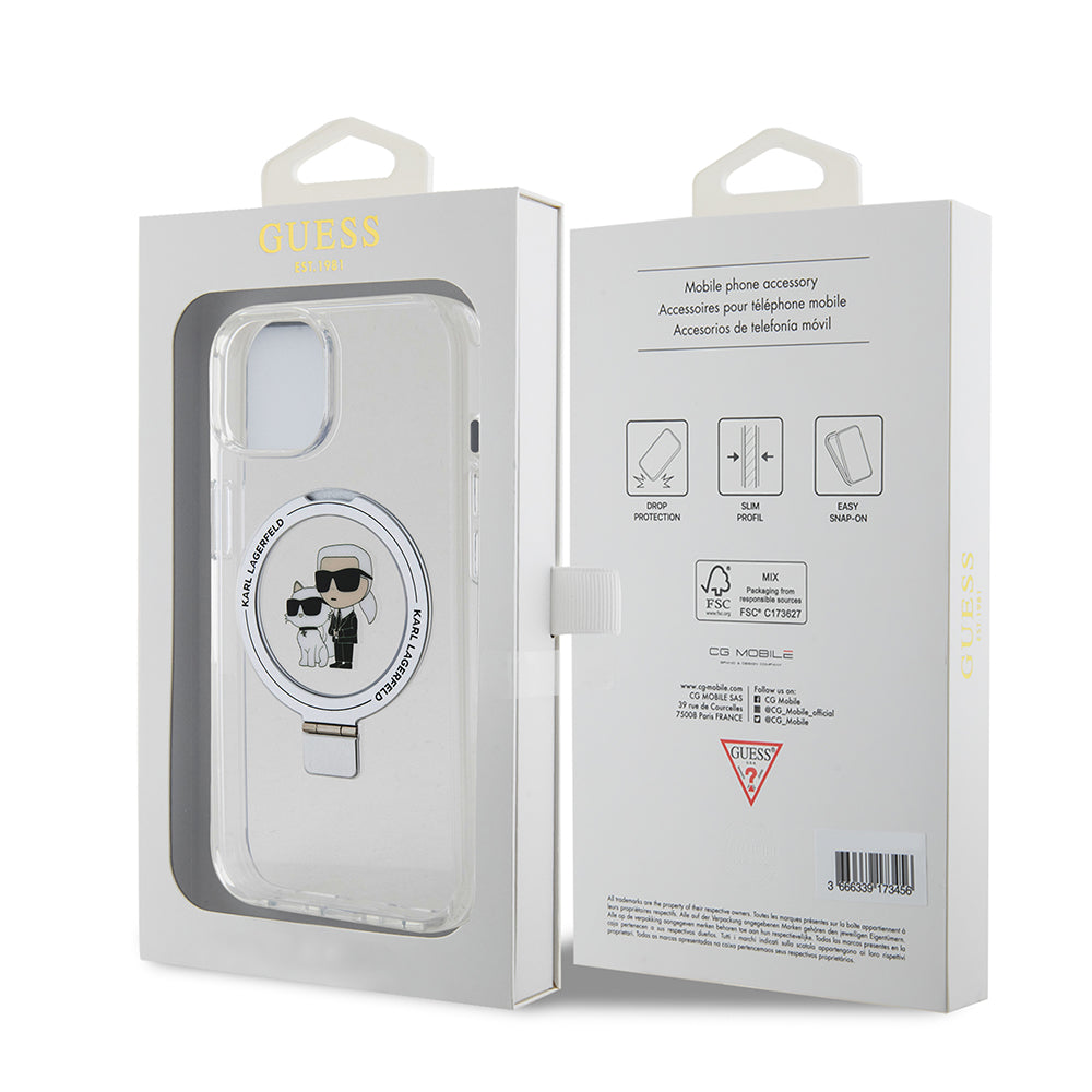 Funda MagSafe para Apple iPhone 15, Karl Lagerfeld, Ring Stand Karl & Choupette, Blanca