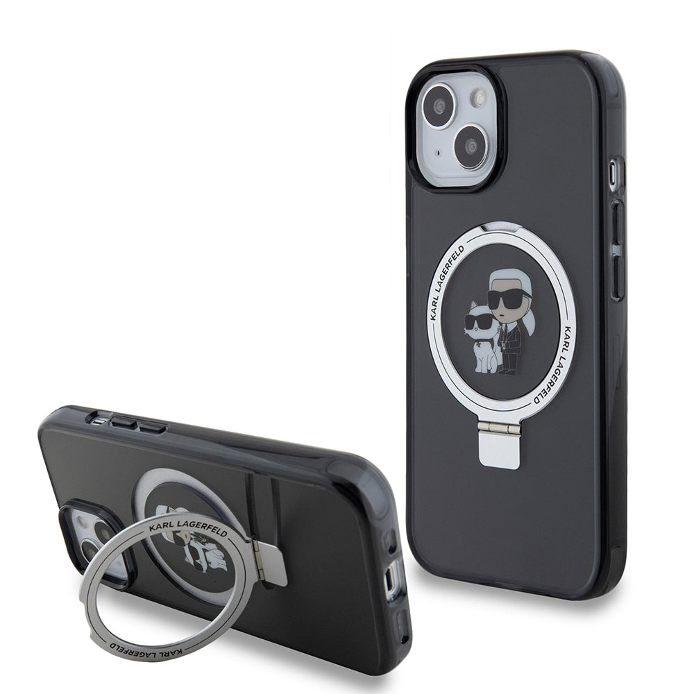 Funda MagSafe para Apple iPhone 15, Karl Lagerfeld, Ring Stand Karl & Choupette, Negra