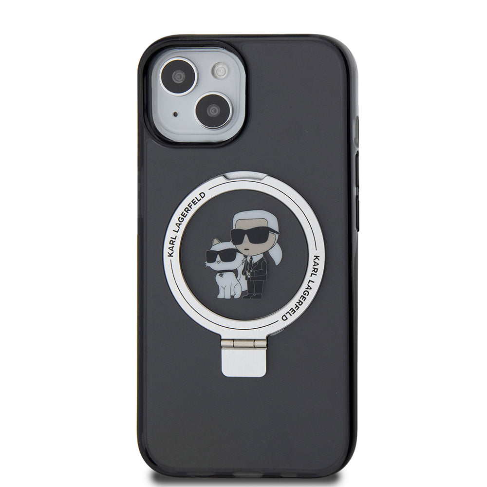 Funda MagSafe para Apple iPhone 15, Karl Lagerfeld, Ring Stand Karl & Choupette, Negra