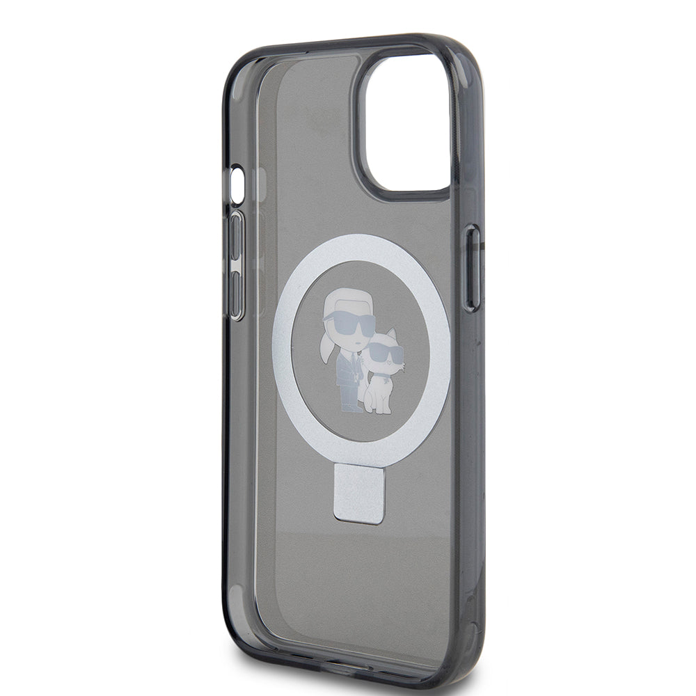 Funda MagSafe para Apple iPhone 15, Karl Lagerfeld, Ring Stand Karl & Choupette, Negra