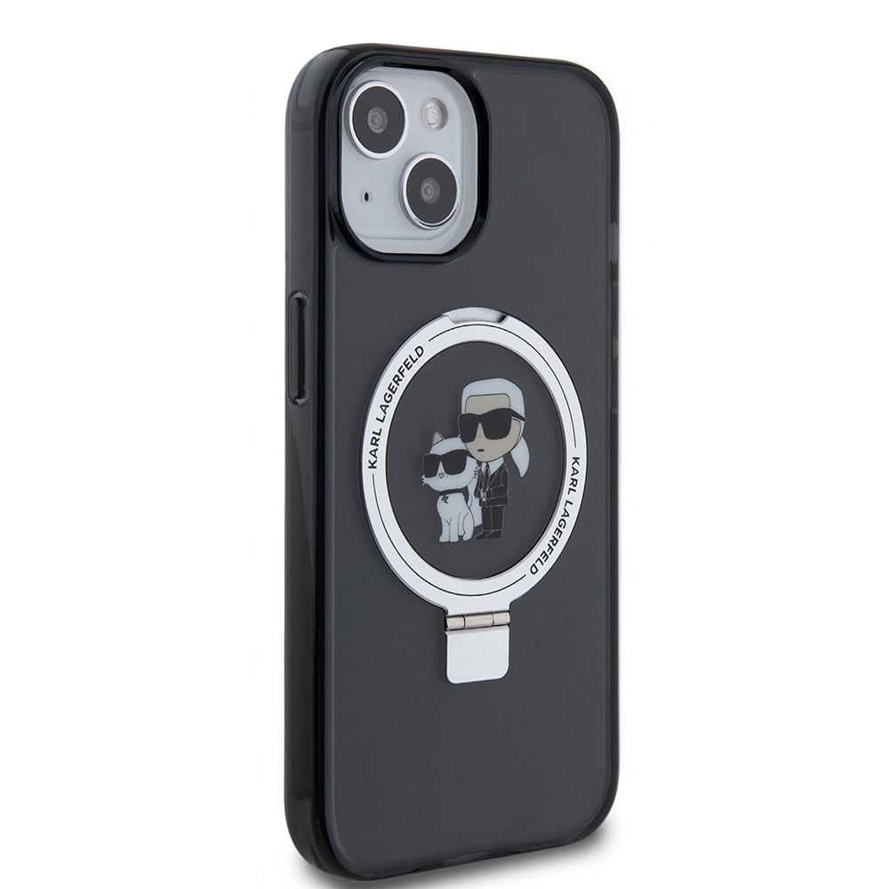 Funda MagSafe para Apple iPhone 15, Karl Lagerfeld, Ring Stand Karl & Choupette, Negra