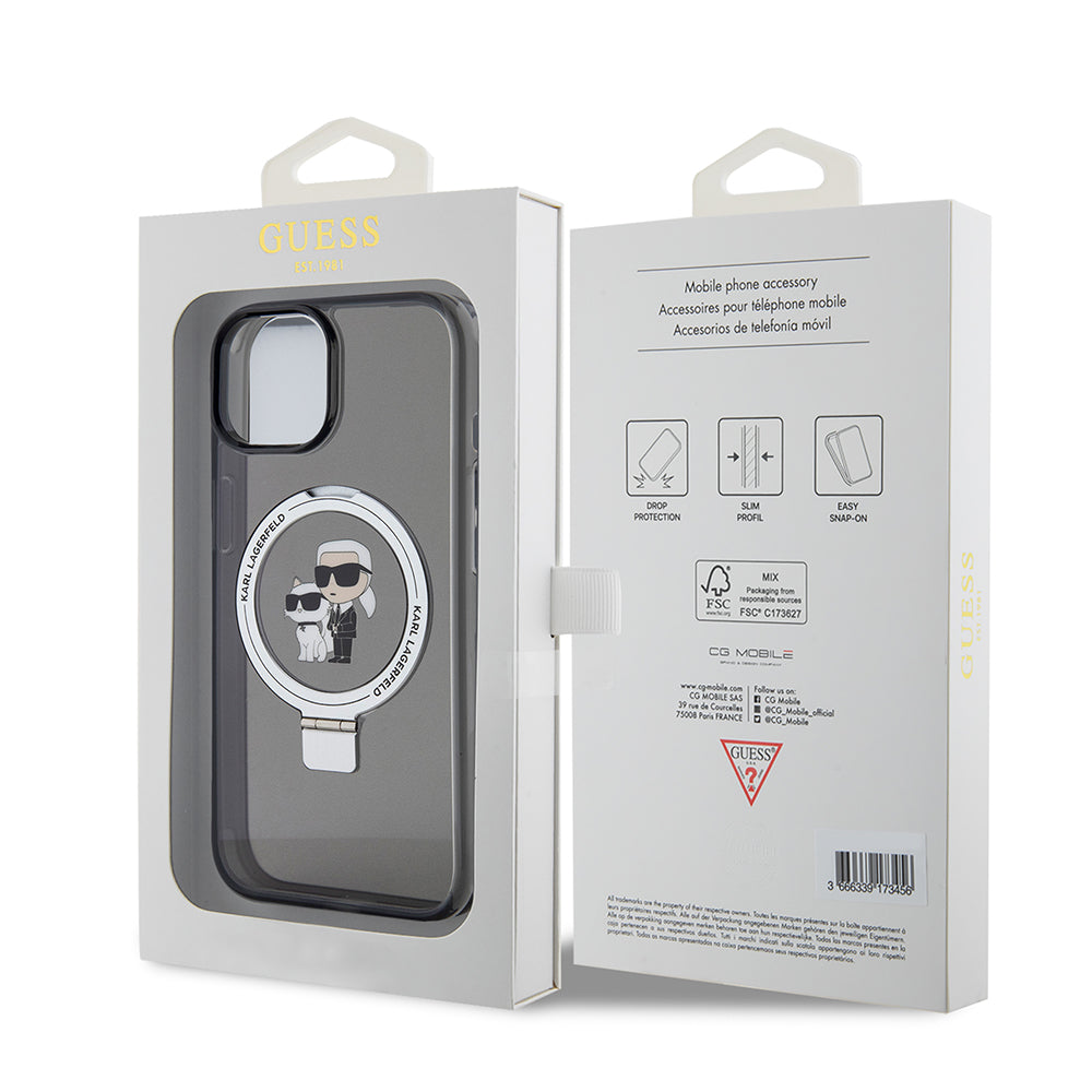 Funda MagSafe para Apple iPhone 15, Karl Lagerfeld, Ring Stand Karl & Choupette, Negra