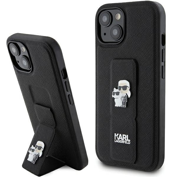 Funda MagSafe para Apple iPhone 15 Plus / 14 Plus, Karl Lagerfeld, Saffiano Gripstand Karl & Choupette, Negra