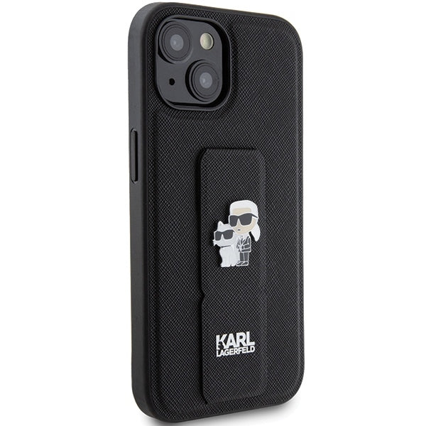 Funda MagSafe para Apple iPhone 15 Plus / 14 Plus, Karl Lagerfeld, Saffiano Gripstand Karl & Choupette, Negra