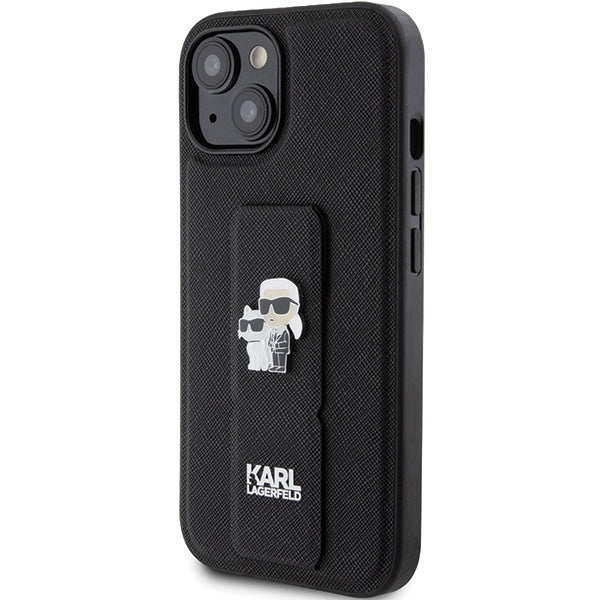 Funda MagSafe para Apple iPhone 15 Plus / 14 Plus, Karl Lagerfeld, Saffiano Gripstand Karl & Choupette, Negra