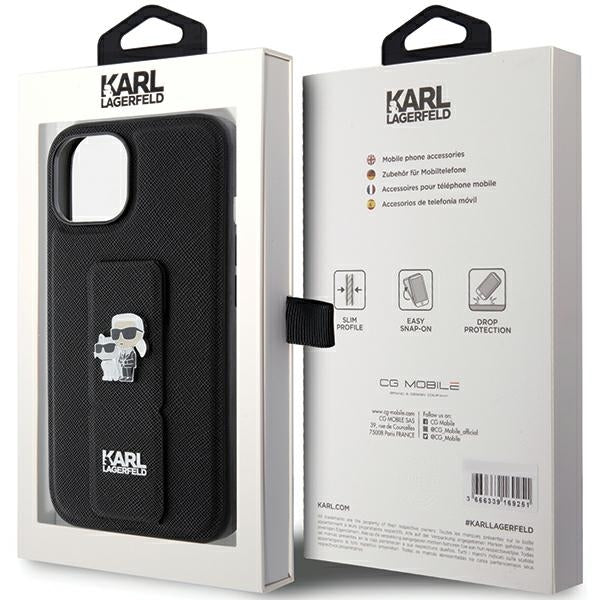 Funda MagSafe para Apple iPhone 15 Plus / 14 Plus, Karl Lagerfeld, Saffiano Gripstand Karl & Choupette, Negra