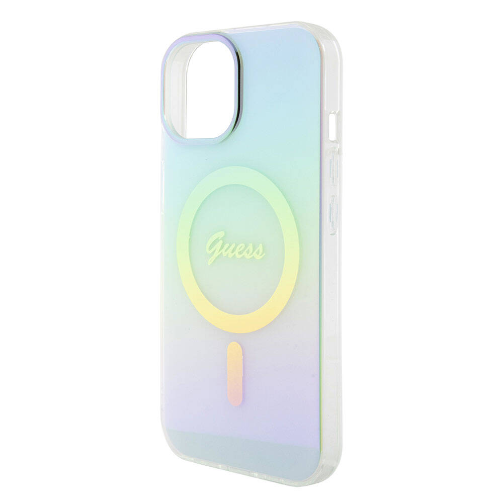 Funda MagSafe para Apple iPhone 15 Plus, Guess, IML Iridescente, Turquesa