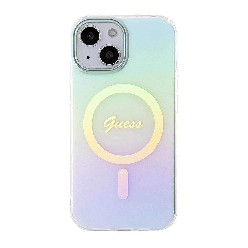 Funda MagSafe para Apple iPhone 15 Plus, Guess, IML Iridescente, Turquesa