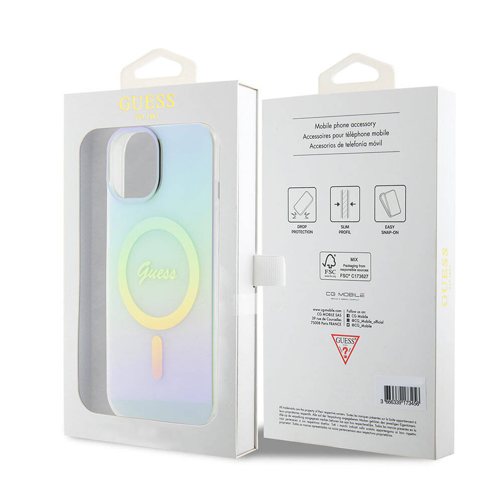 Funda MagSafe para Apple iPhone 15 Plus, Guess, IML Iridescente, Turquesa