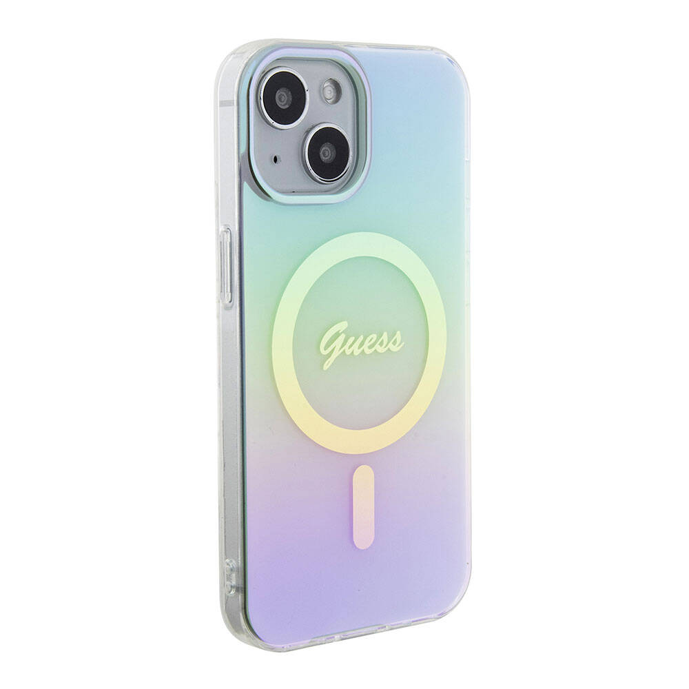 Funda MagSafe para Apple iPhone 15 Plus, Guess, IML Iridescente, Turquesa