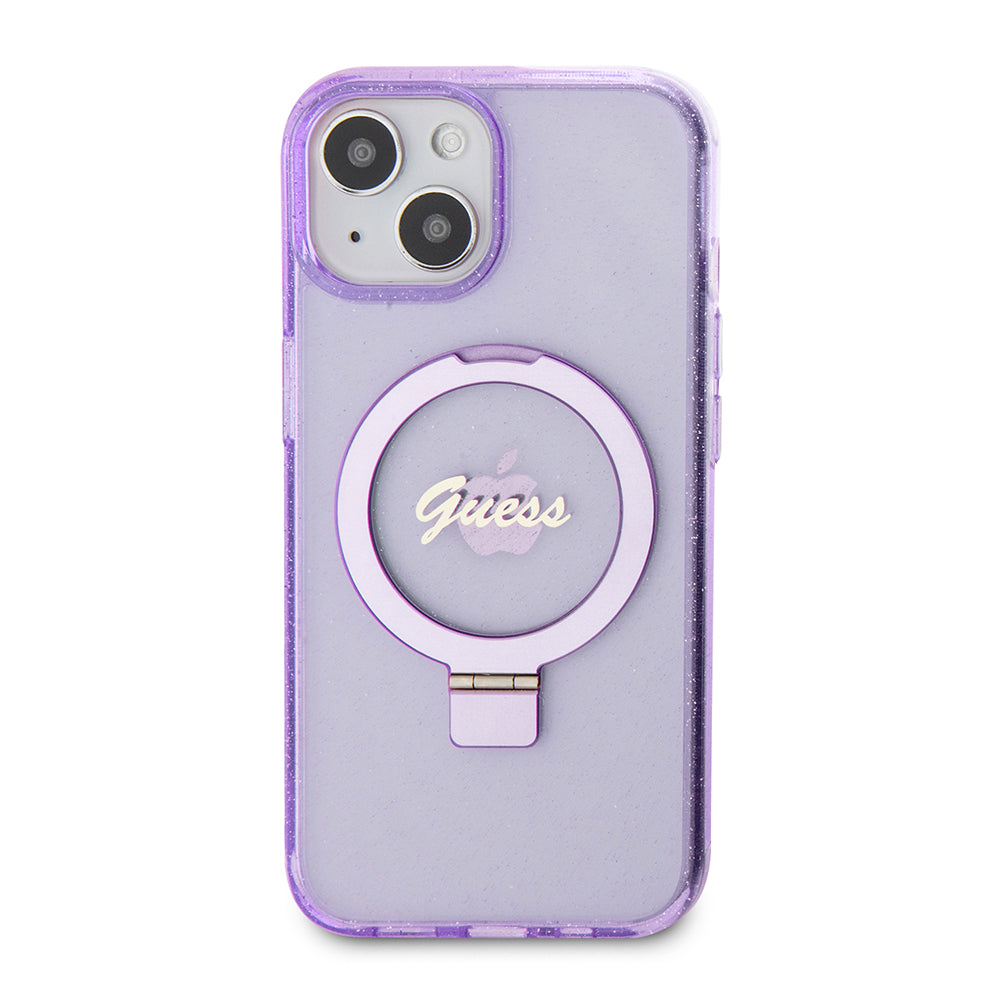 Funda MagSafe para Apple iPhone 15 Plus, Guess, Ring Stand Script Glitter, Morado