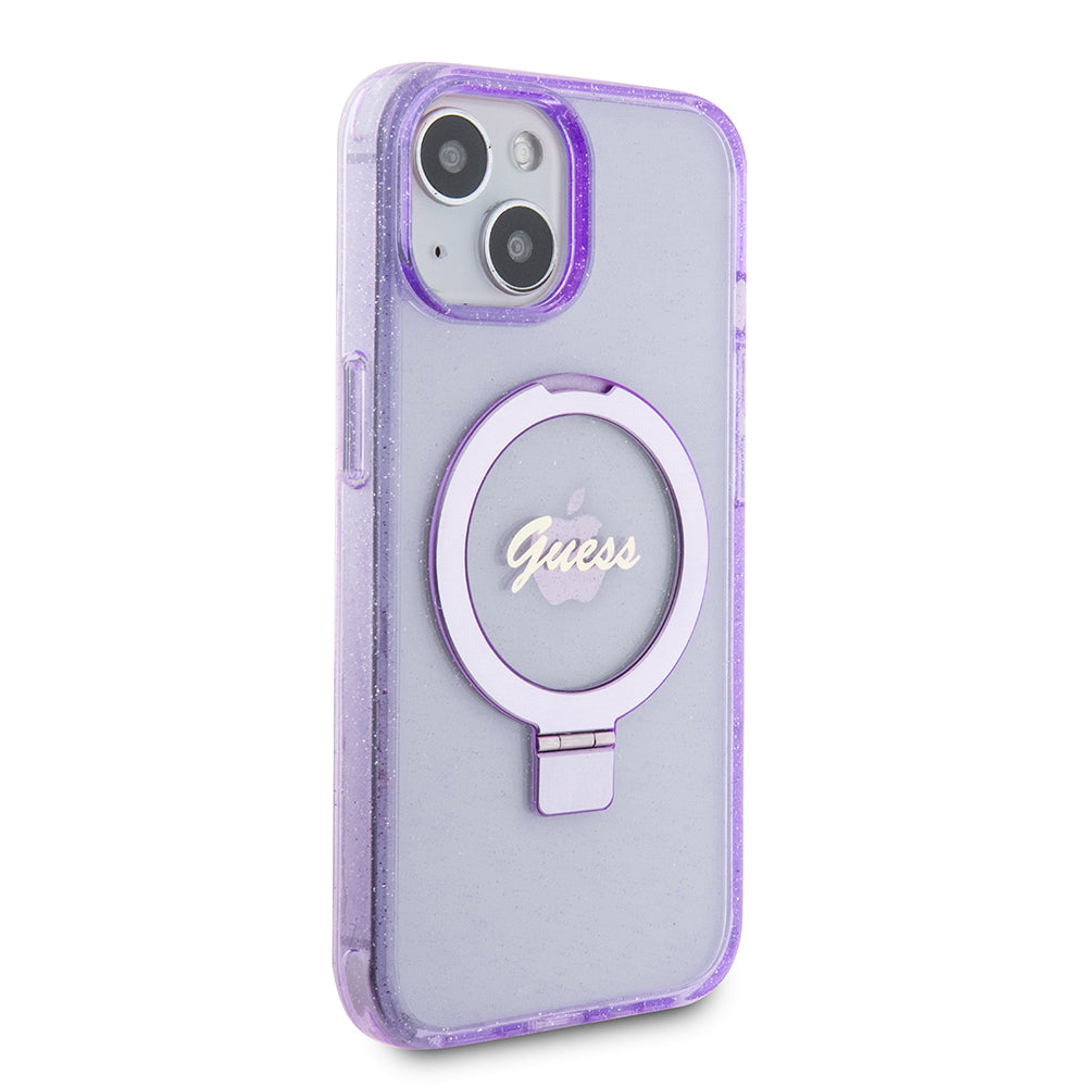 Funda MagSafe para Apple iPhone 15 Plus, Guess, Ring Stand Script Glitter, Morado