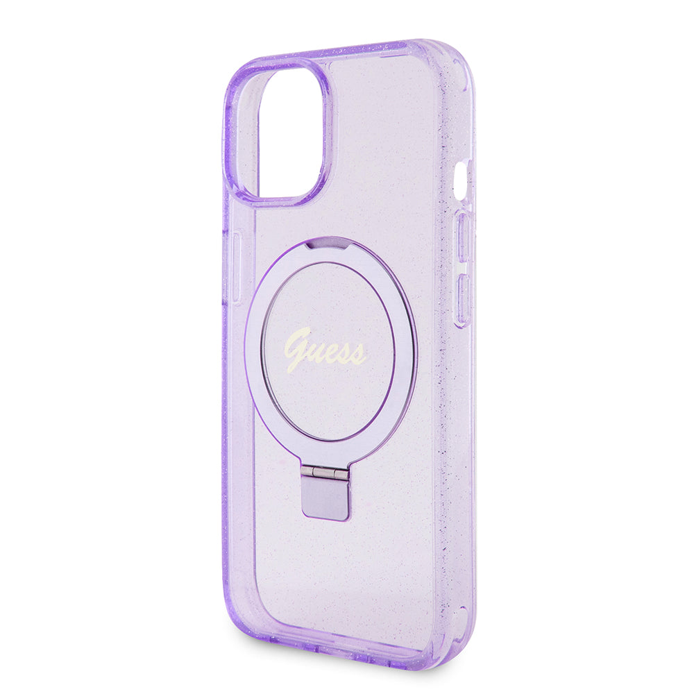 Funda MagSafe para Apple iPhone 15 Plus, Guess, Ring Stand Script Glitter, Morado