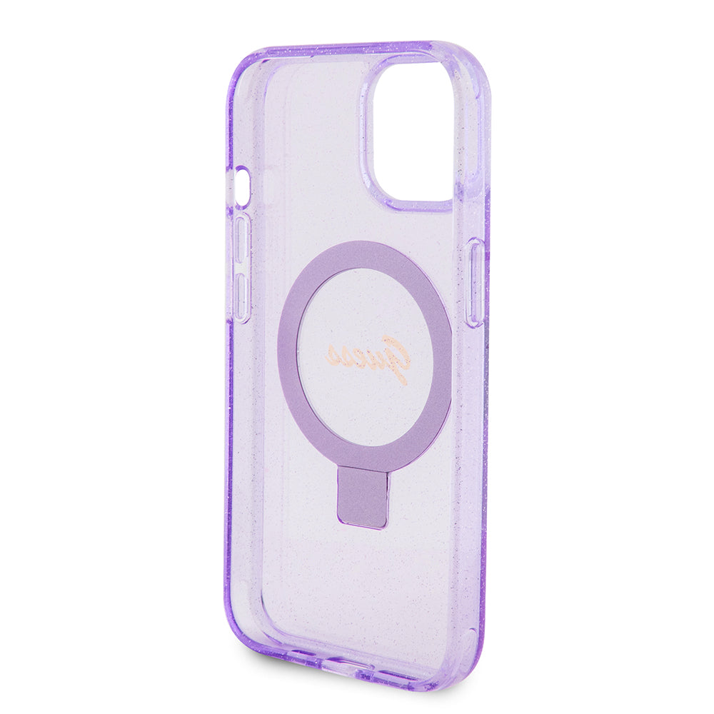 Funda MagSafe para Apple iPhone 15 Plus, Guess, Ring Stand Script Glitter, Morado