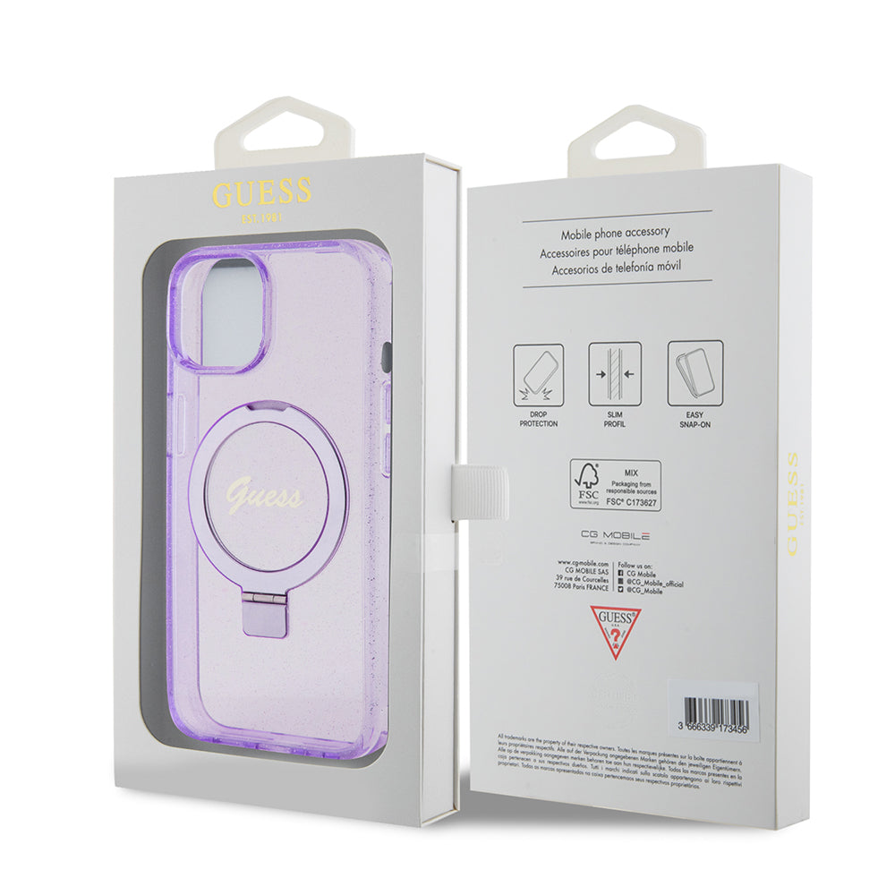 Funda MagSafe para Apple iPhone 15 Plus, Guess, Ring Stand Script Glitter, Morado