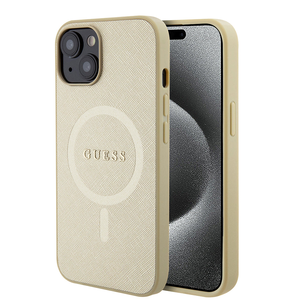 Funda MagSafe para Apple iPhone 15 Plus, Guess, Saffiano, Dorada