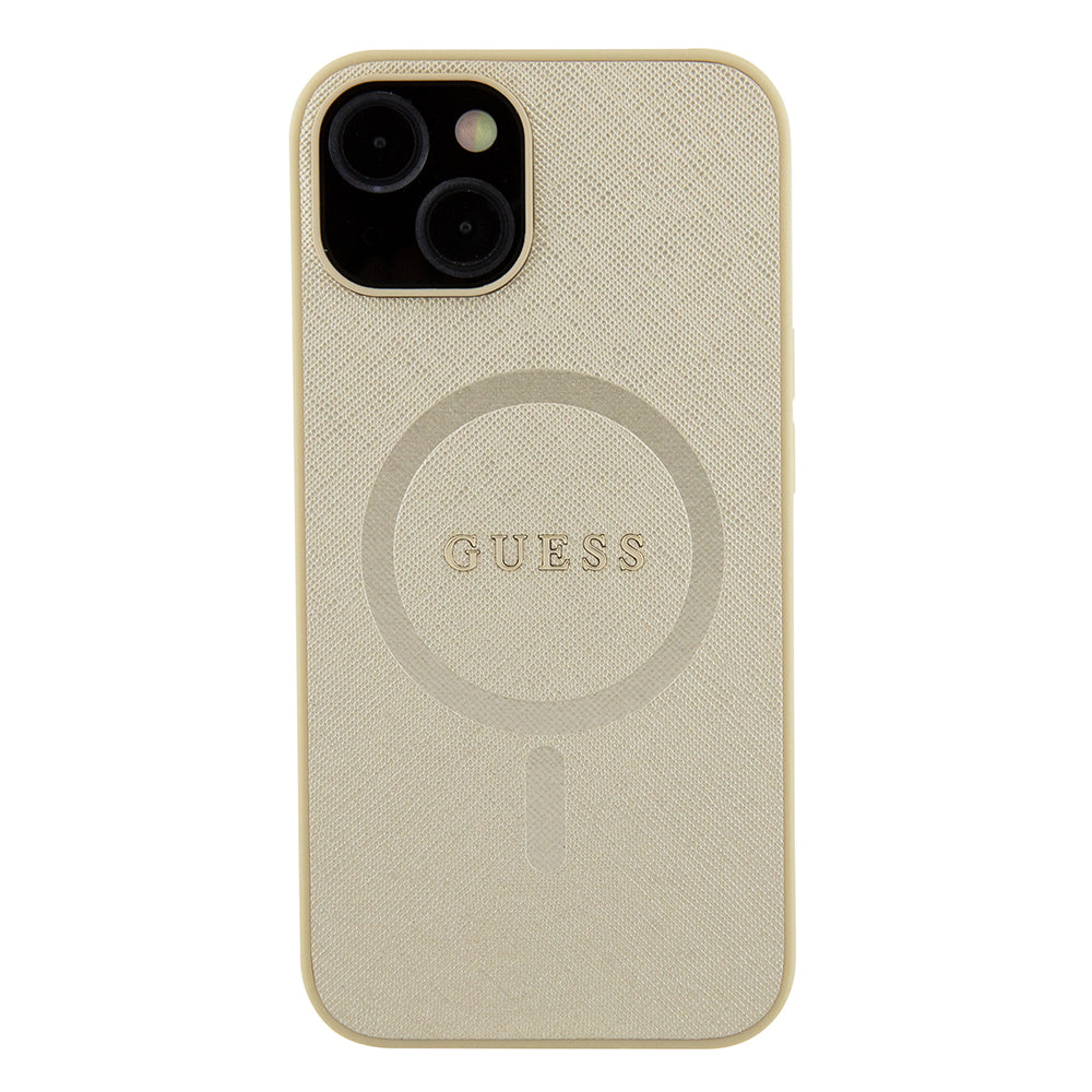 Funda MagSafe para Apple iPhone 15 Plus, Guess, Saffiano, Dorada