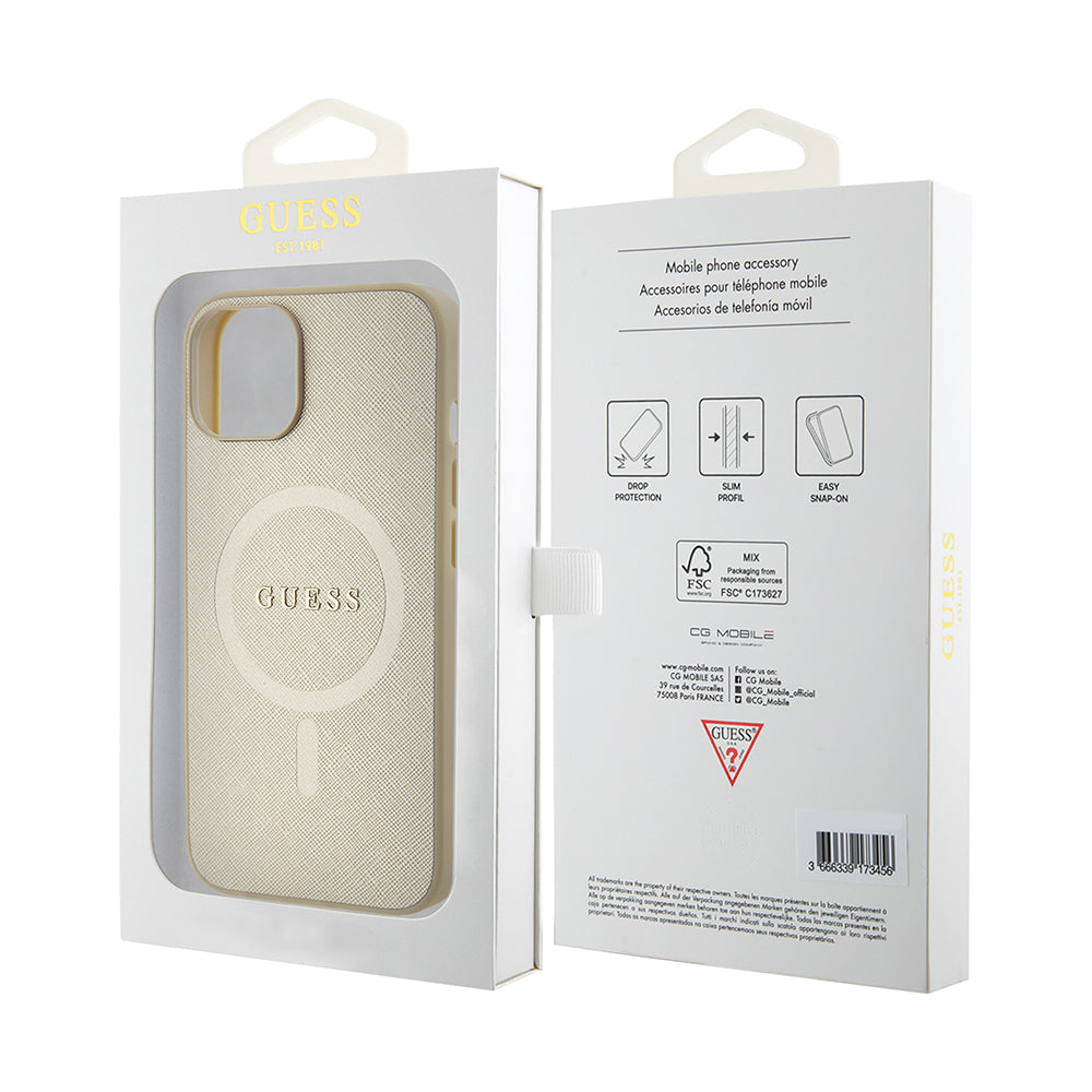 Funda MagSafe para Apple iPhone 15 Plus, Guess, Saffiano, Dorada