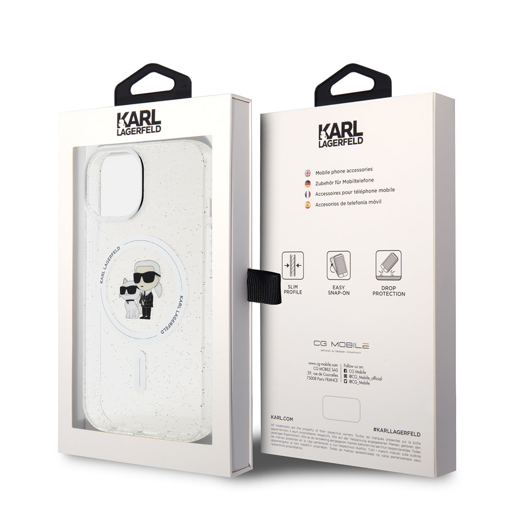 Funda MagSafe para Apple iPhone 15 Plus, Karl Lagerfeld, Glitter Karl & Choupette, Transparente