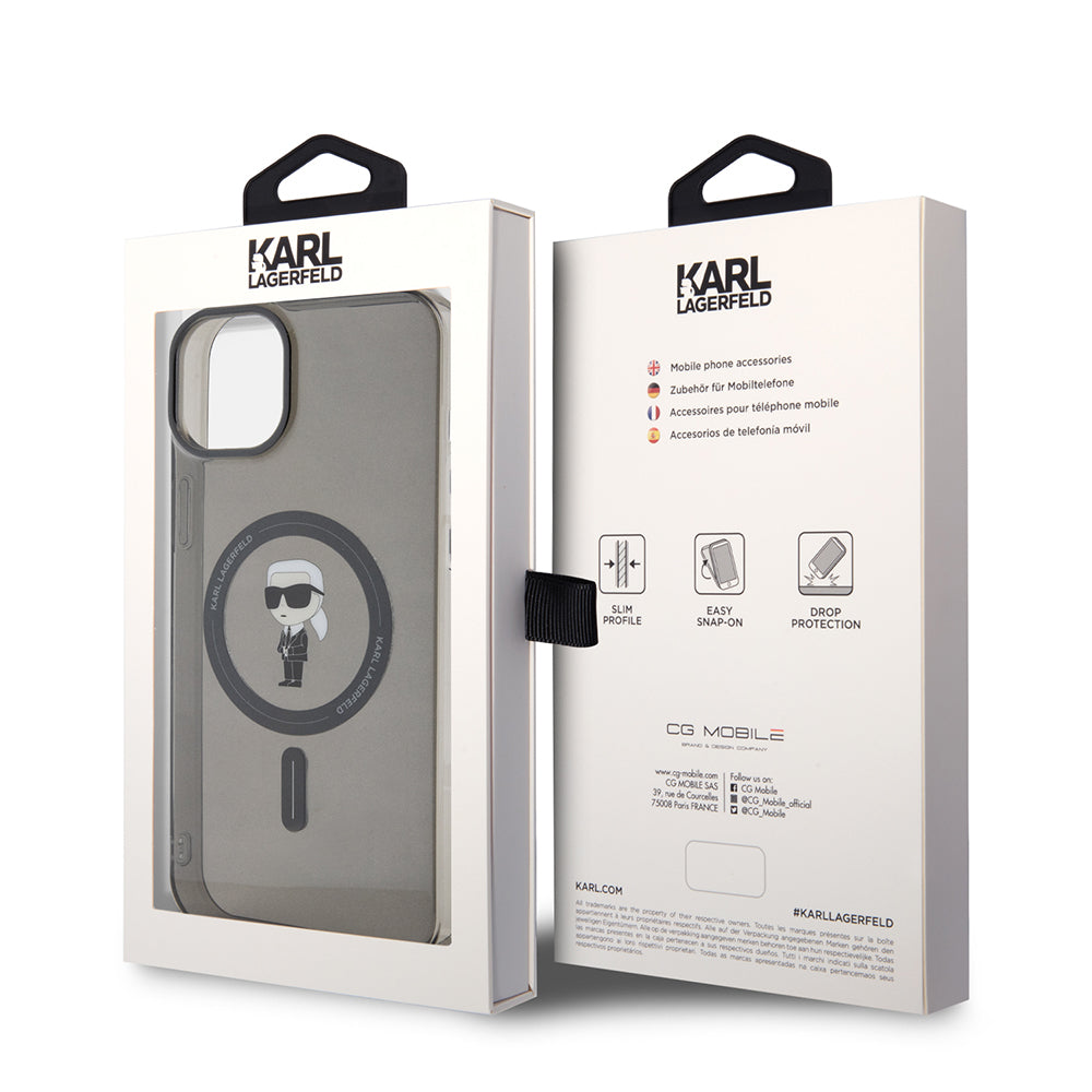 Funda MagSafe para Apple iPhone 15 Plus, Karl Lagerfeld, IML Ikonik Karl, Negra