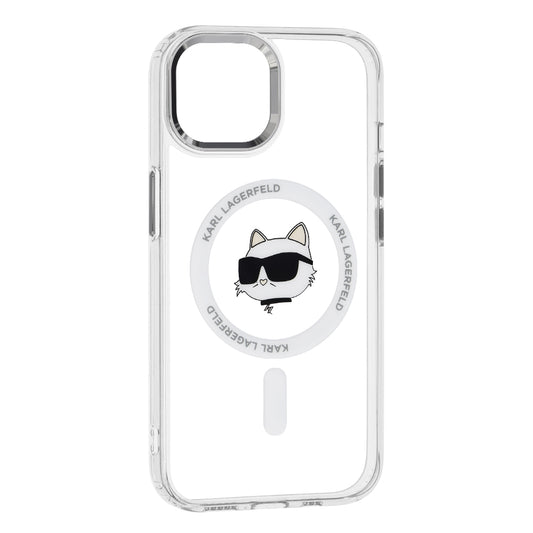 Funda MagSafe para Apple iPhone 15 Plus, Karl Lagerfeld, IML Metal Choupette's Head, Blanca.