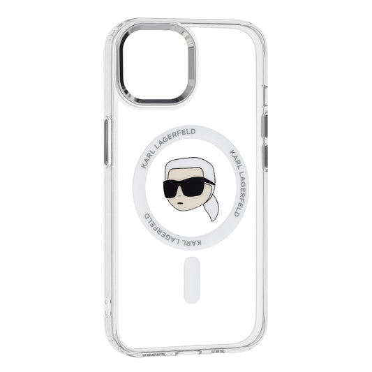 Funda MagSafe para Apple iPhone 15 Plus, Karl Lagerfeld, IML Metal Karl's Head, Blanca