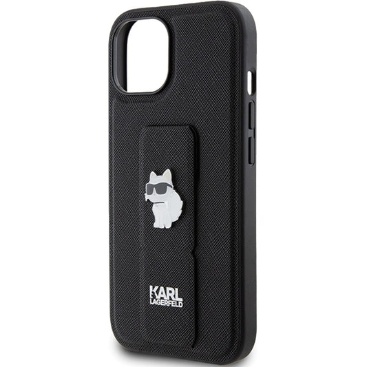 Funda MagSafe para Apple iPhone 15 Plus, Karl Lagerfeld, Saffiano Gripstand Choupette, Negra