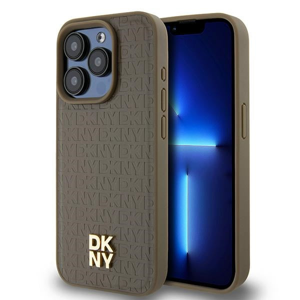Funda MagSafe para Apple iPhone 15 Pro, DKNY, Logo Metálico con Patrón Monograma, Marrón