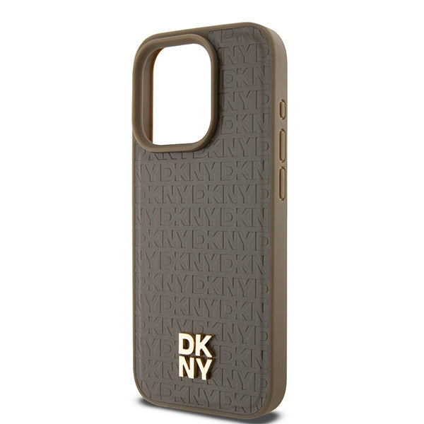 Funda MagSafe para Apple iPhone 15 Pro, DKNY, Logo Metálico con Patrón Monograma, Marrón