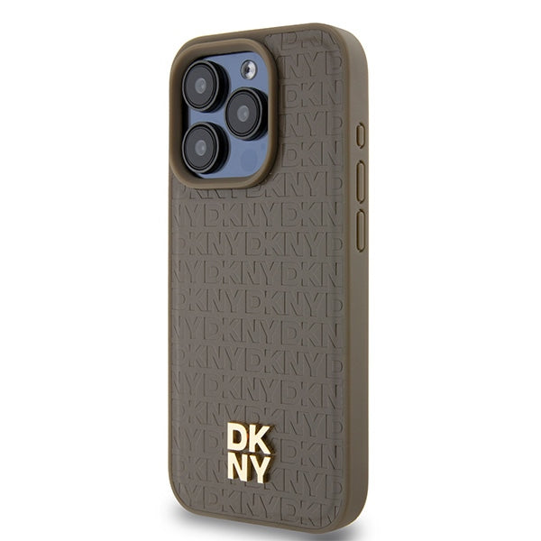 Funda MagSafe para Apple iPhone 15 Pro, DKNY, Logo Metálico con Patrón Monograma, Marrón