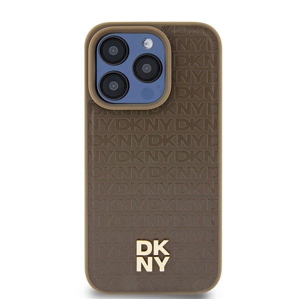 Funda MagSafe para Apple iPhone 15 Pro, DKNY, Logo Metálico con Patrón Monograma, Marrón