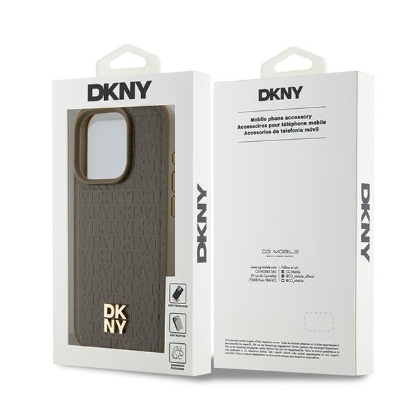 Funda MagSafe para Apple iPhone 15 Pro, DKNY, Logo Metálico con Patrón Monograma, Marrón