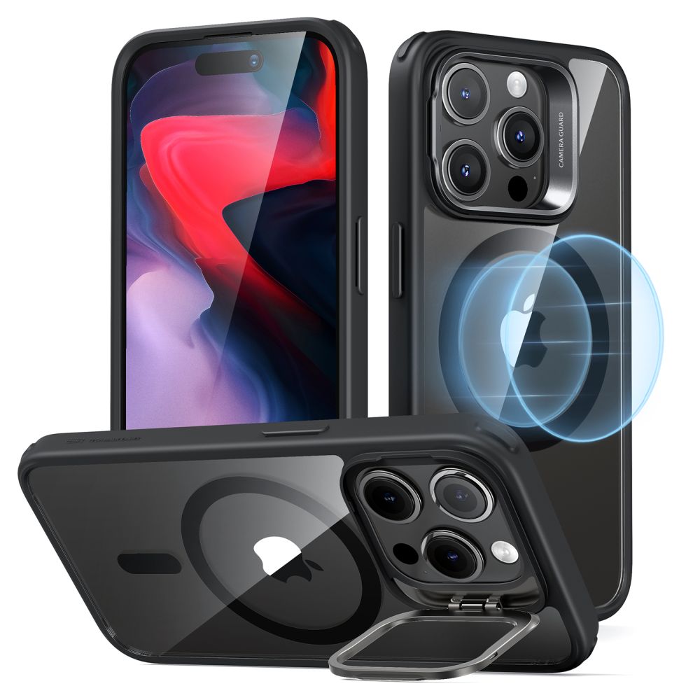 Funda MagSafe para Apple iPhone 15 Pro, ESR, Classic Hybrid Kickstand, Negra Transparente