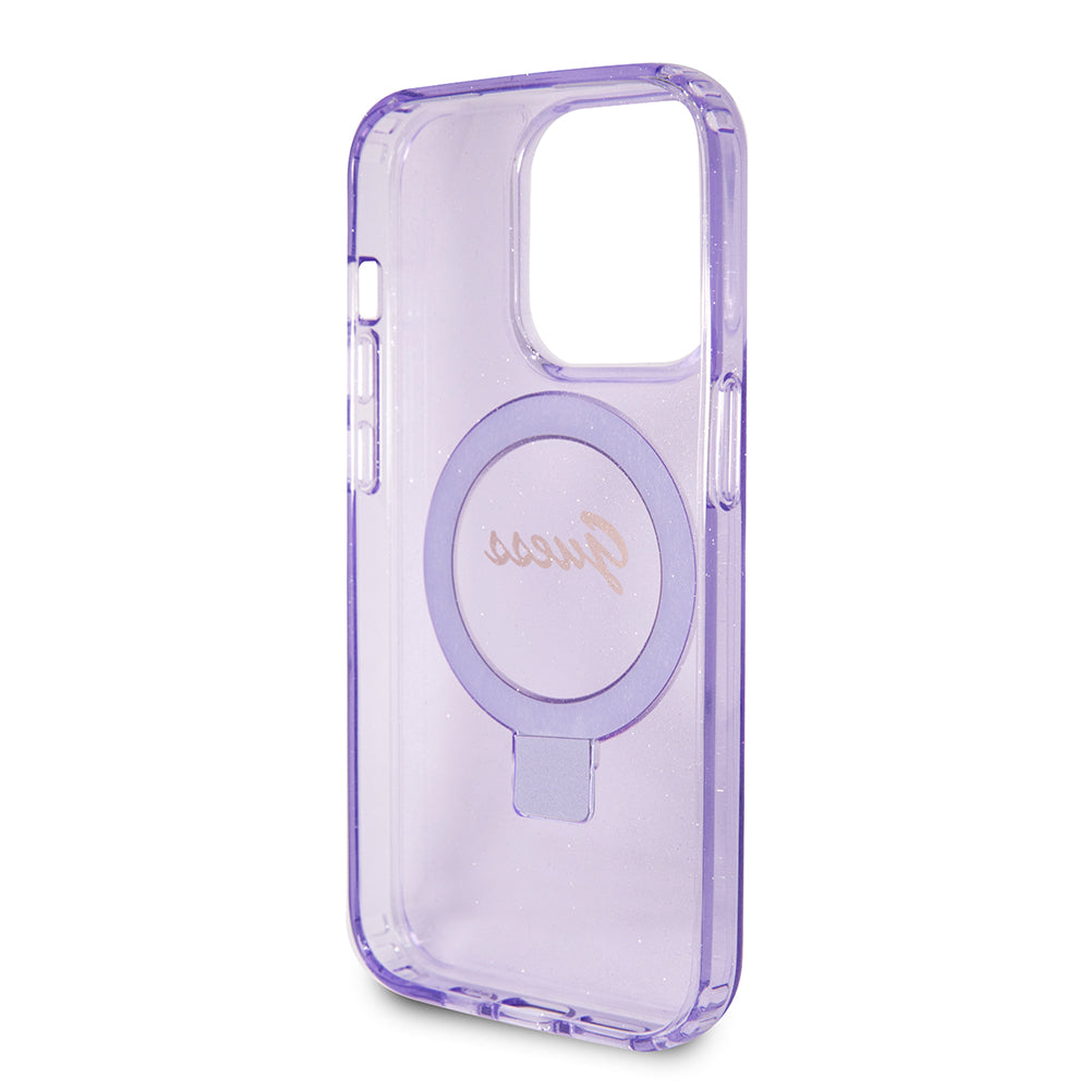 Funda MagSafe para Apple iPhone 15 Pro, Guess, IML Ring Stand Glitter, Morado