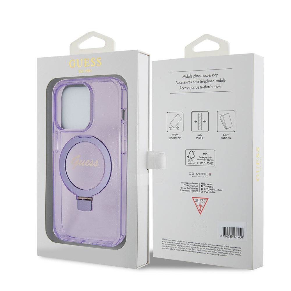 Funda MagSafe para Apple iPhone 15 Pro, Guess, IML Ring Stand Glitter, Morado