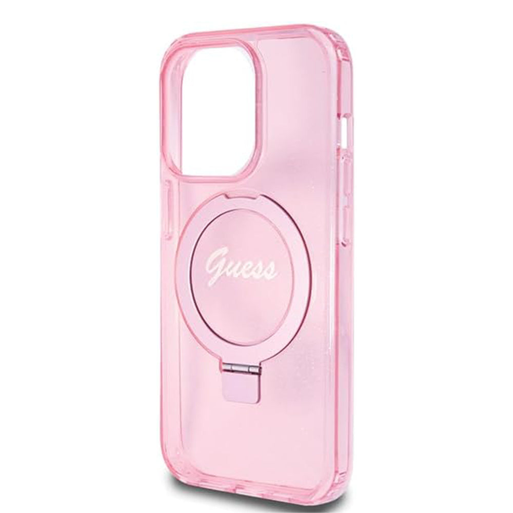 Funda MagSafe para Apple iPhone 15 Pro, Guess, IML Ring Stand Glitter, Rosa