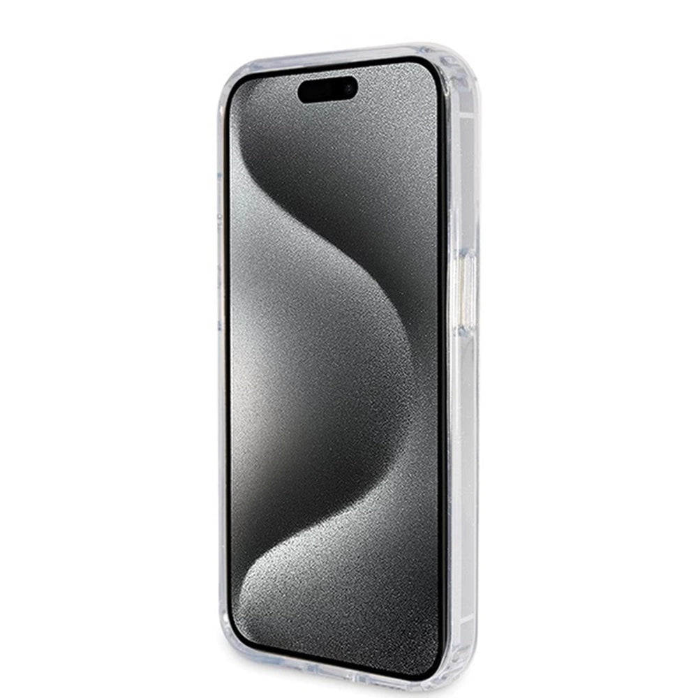 Funda MagSafe para Apple iPhone 15 Pro, Guess, IML Ring Stand Glitter, Transparente