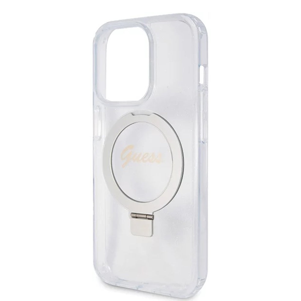 Funda MagSafe para Apple iPhone 15 Pro, Guess, IML Ring Stand Glitter, Transparente