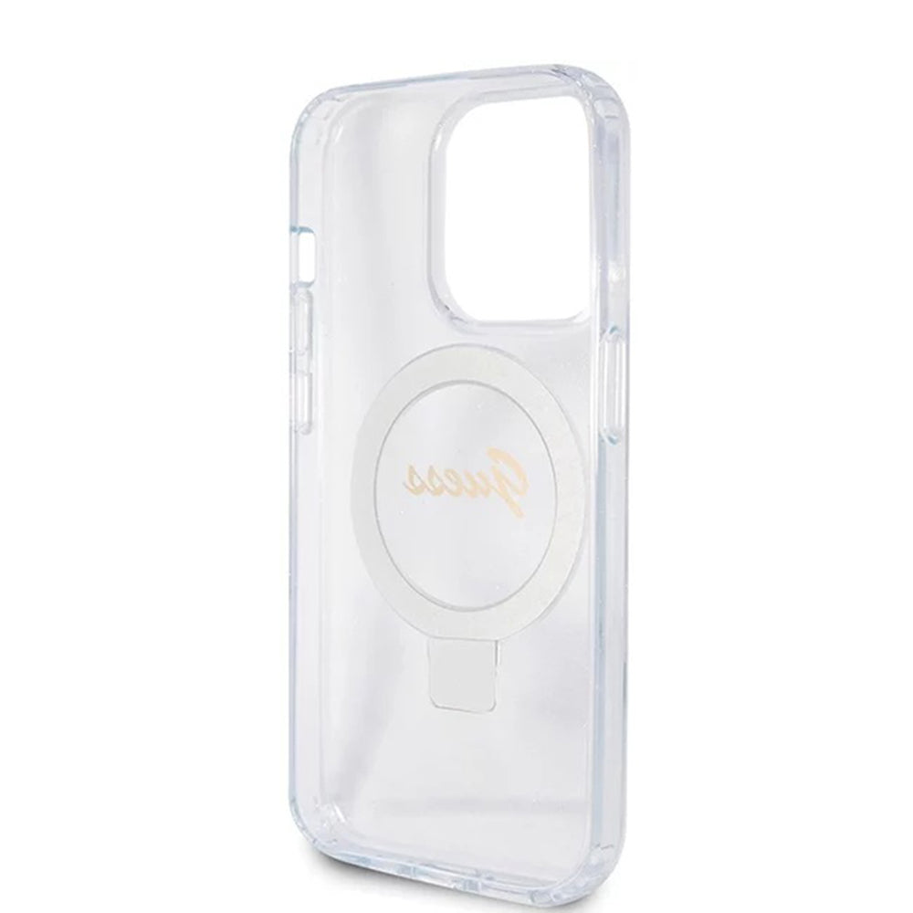 Funda MagSafe para Apple iPhone 15 Pro, Guess, IML Ring Stand Glitter, Transparente